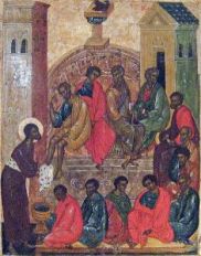 Christ washing the feet of the Apostles. Icon of Pskov school. 16th C. (Wikipedia)